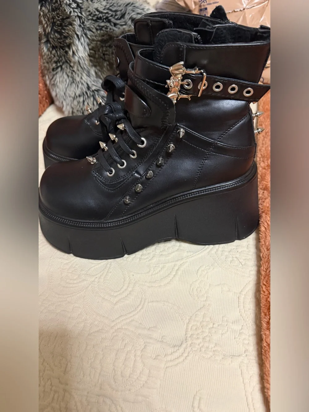 Black Studded Platform Combat Boots | Gothic Bat Buckle | Punk Grunge